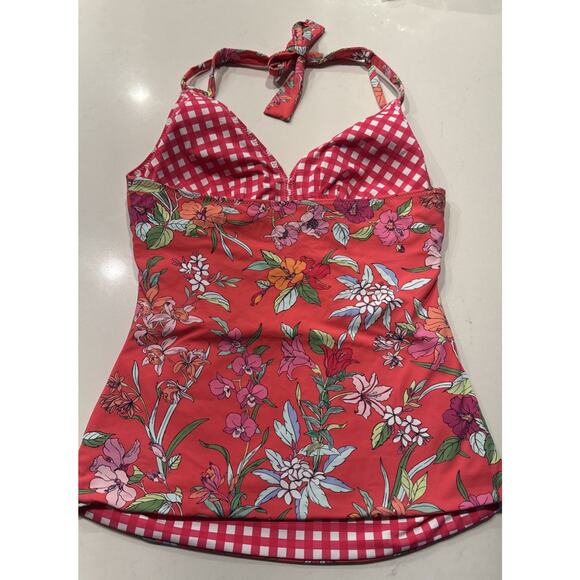 Tommy Bahama Halter Reversible Tankini Coral Summer Floral Gingham Swim Top - Picture 2 of 10